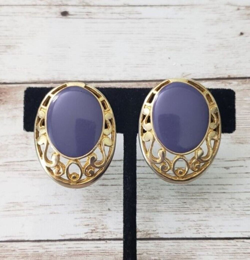 Vintage Clip On Earrings Purple Center with Oval Gold Tone Halo 1.25"